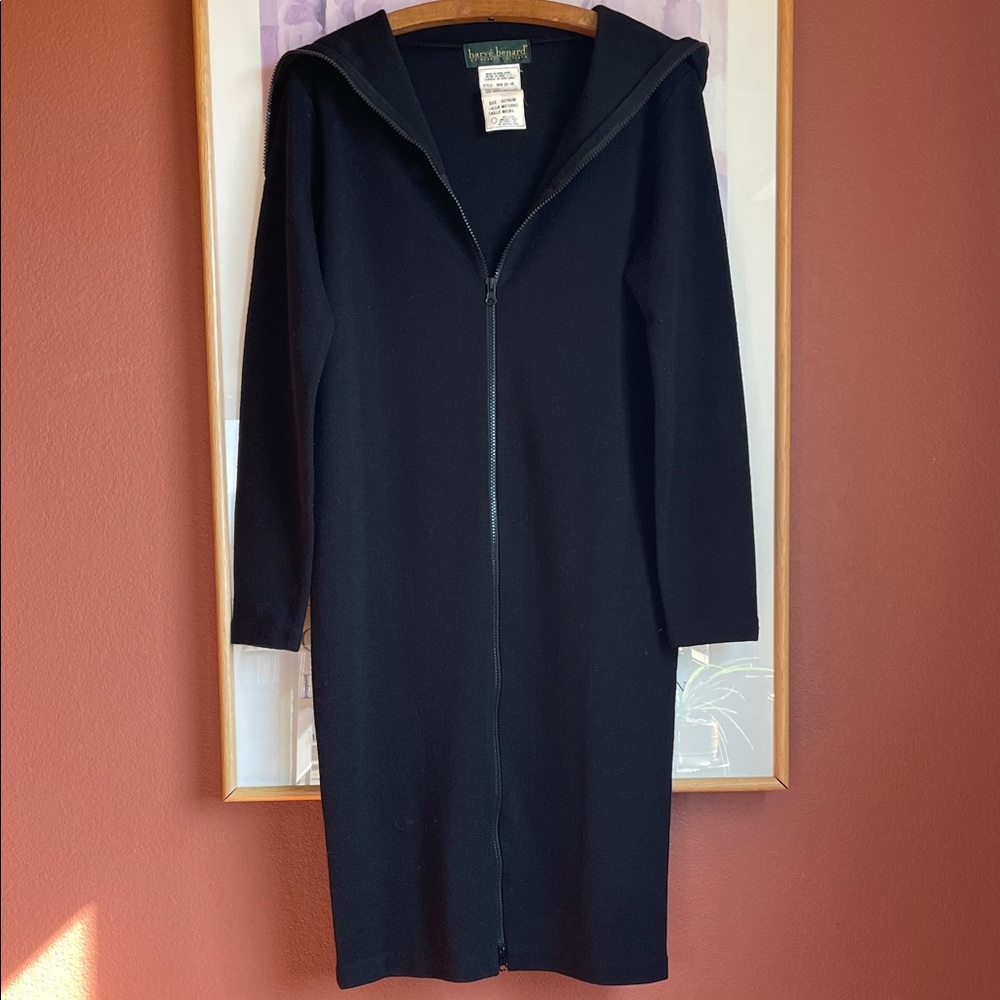 Harve Benard Rare Vintage Jet Black Full Zip Dress Wool Blend Wide Collar, M